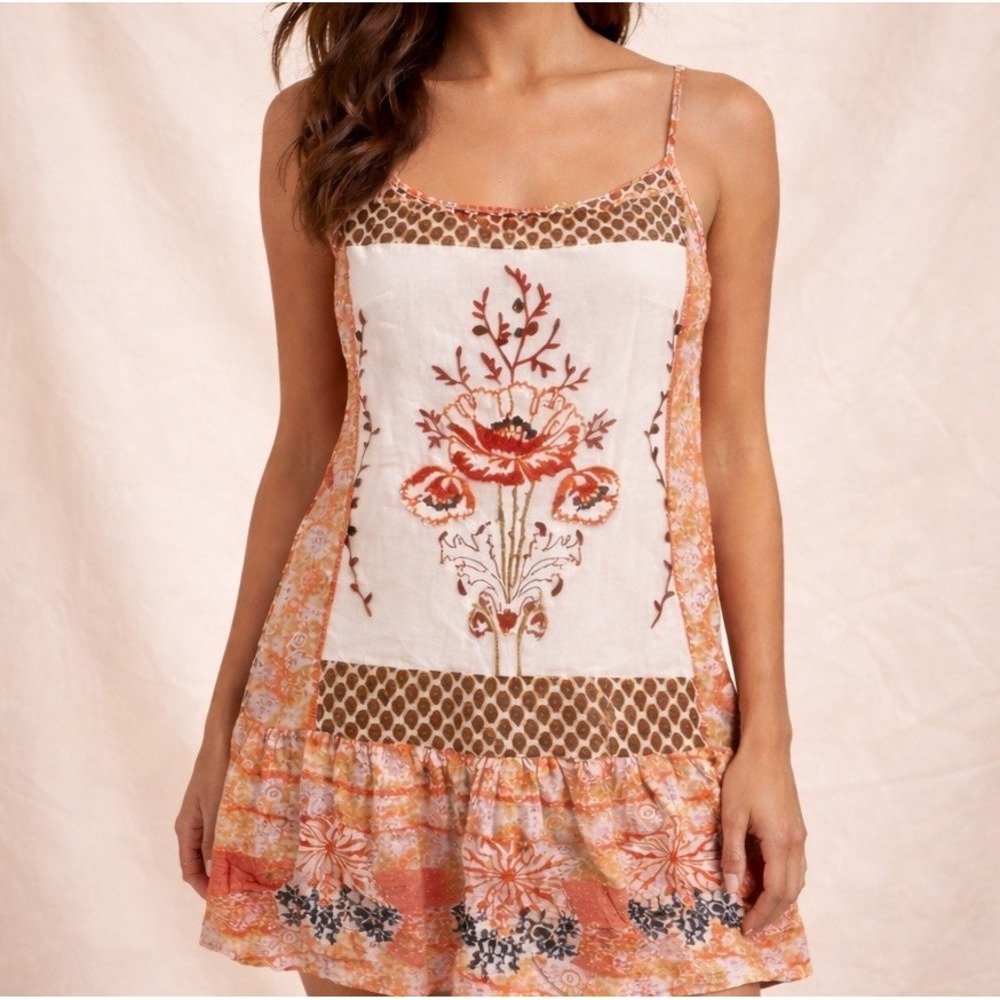 Desigual Floral‎ Printed Embroidered Flounce Hem Mini Dress Size 38 Rust Orange